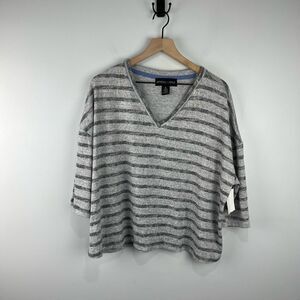 Kendall + Kylie Grey Striped Oversized Cropped Soft V Neck Sweater XL NWT